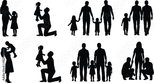 Collection of family silhouettes with parents and children, loving interactions, holding hands, lifting kids, strong family bonding illustration set for design use