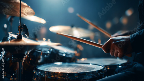 Close-up of the hands playing drums on stage, musical background. drums and drumsticks close up.