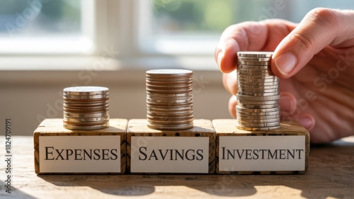 Hand stacking coins on investment block, illustrating financial planning, budgeting, savings, and expense allocation