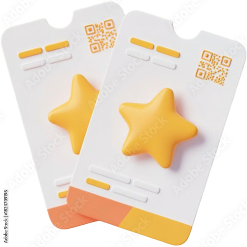 Two 3d loyalty reward tickets with golden stars and qr codes