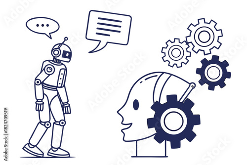 Robot Interacting with Humanoid AI Head and Gears on White Background artificial intelligence