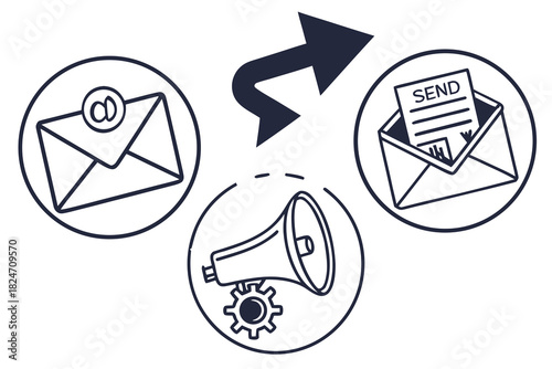 Email marketing process with megaphone and outgoing mail icon envelope send