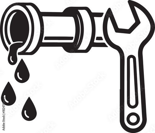 Leaking Pipe and Wrench Icon: Plumbing Repair and Maintenance Symbol