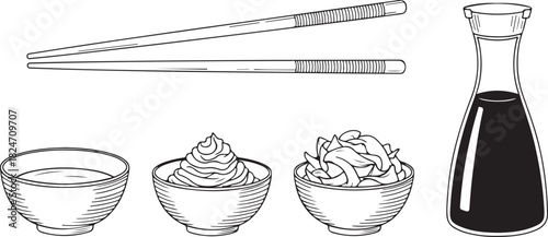Japanese Food Utensils and Condiments: Chopsticks, Soy Sauce, Wasabi, and Ginger