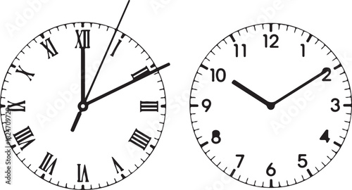 Two Analog Clock Faces with Roman and Arabic Numerals illustration