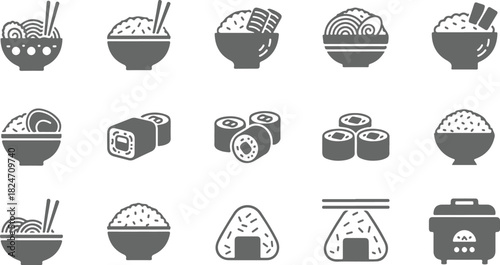 Japanese Food Icons: Ramen, Sushi, Rice Bowls, Onigiri, and Rice Cooker