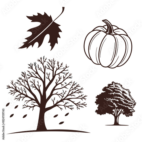 Autumnal elements including trees, leaf, and pumpkin fall season