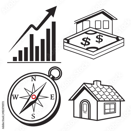 Real Estate and Finance Icons House Compass Growth Chart and Money Keywords: real estate, house, home