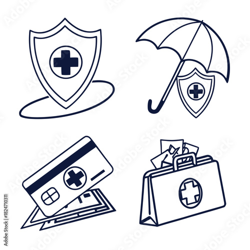 Medical Insurance Icons Set with Shield Umbrella Credit Card and First Aid Kit vector