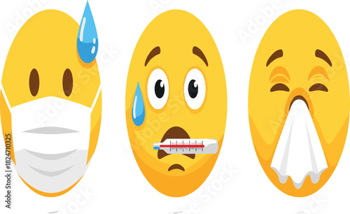 Set of Sick Emoji Faces Vector Illustration, Flu, Fever, and Medical Mask Concept.