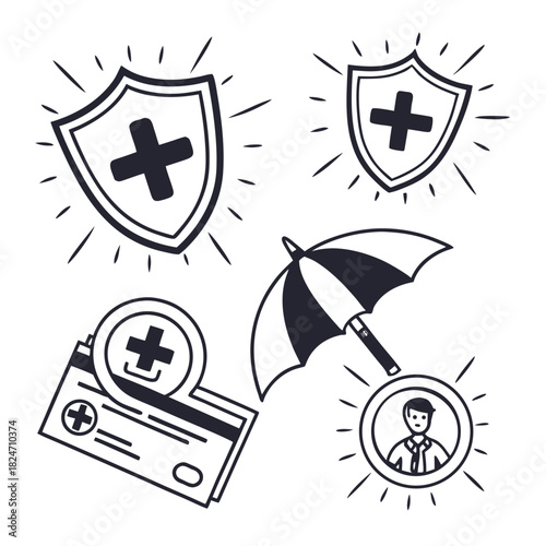 Medical Insurance Icons with Shield Umbrella Credit Card and Person vector