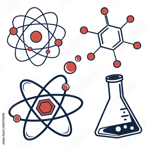 Colorful science and chemistry icons with red accents on white background Keywords: science, chemistry