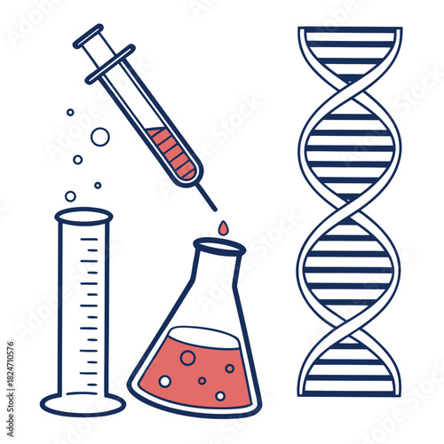 Scientific Research Icons DNA Syringe Flask and Graduated Cylinder science laboratory