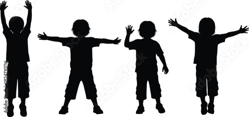 Silhouettes of children raising arms, playful kids with open poses, joyful childhood expressions for education, fun, family, lifestyle, and creative design themes