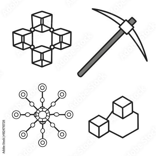 Blockchain network and mining pickaxe icons in a grid cryptocurrency