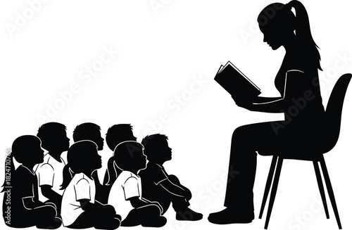 Silhouette of teacher reading to children, classroom learning scene, storytelling education concept for school, teaching, childcare, literacy, and early childhood themes