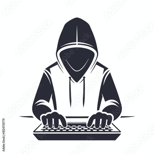 Dark hooded figure types rapidly on a computer keyboard in a illustration