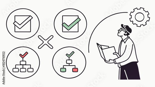 Person with folder looking at checklist and workflow diagrams with gear icon organization