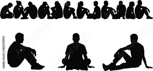 Silhouettes of people sitting in various poses, thoughtful and relaxed figures, meditation, reflection, resting positions for psychology, wellness, and design themes