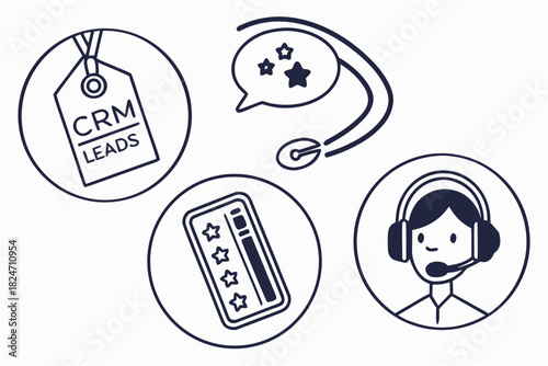 CRM leads management with customer service and feedback icons Keywords: CRM, leads, management