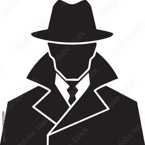 Spy Agent Icon illustration, mysterious figure in black,
