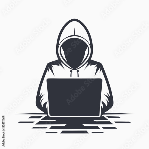 Faceless hacker wearing a hoodie types furiously on a laptop with digital trail symbols