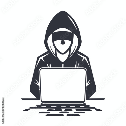 An anonymous hooded silhouette intensely uses a laptop, casting an ominous shadow across the desk