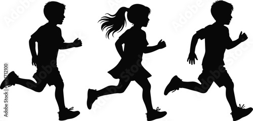 Silhouettes of children running, active kids in motion, playful youth exercising outdoors, energetic childhood activity illustration for fitness and sports themes