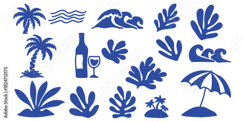 Blue summer vacation icons isolated on transparent background