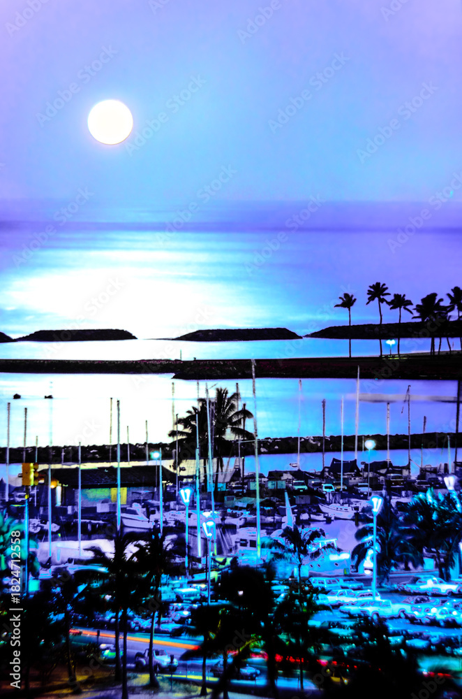 Fototapeta premium Marina view in Honolulu during a full moon night scene over the Pacific Ocean.