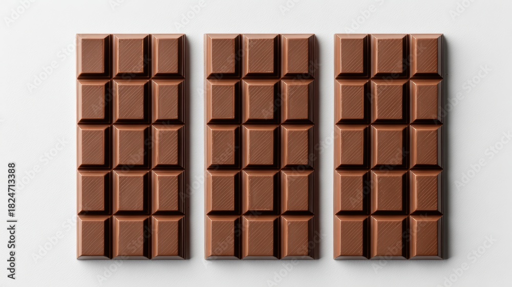 Fototapeta premium Three rectangular chocolate bars are neatly arranged, showcasing a smooth texture and evenly spaced squares, perfect for use in culinary blogs, advertising, or food packaging design,