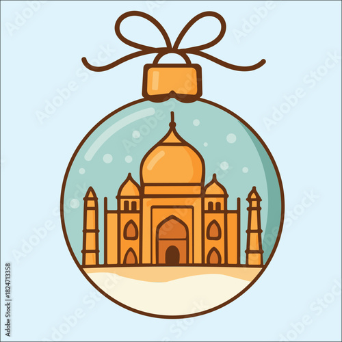 Flat vector Christmas ornament with Taj Mahal inside a snow globe, winter holiday decoration.