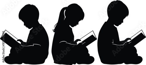 Children silhouettes sitting and reading books, quiet study moment, focused learning scene, educational illustration for literacy projects and creative designs