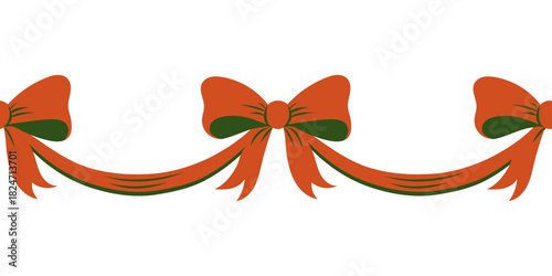 Christmas border with seamless red and green ribbon bows linked in a festive garland, suitable for holiday cards, wrapping, textiles, invitations and seasonal decoration.