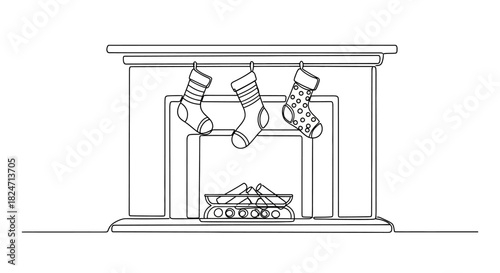 Elegant line art of a cozy fireplace with hanging Christmas stockings illustration