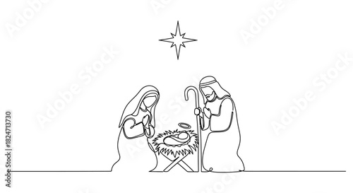 Simple line drawing representing the Nativity scene with Mary Joseph and baby Jesus