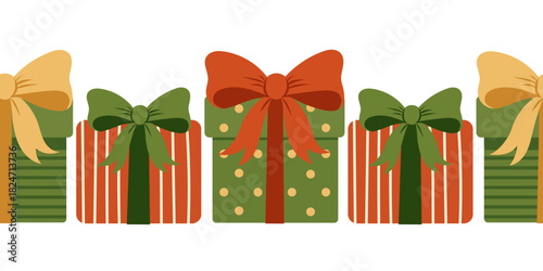 Christmas gift seamless border with festive present boxes decorated in red, green and gold bows, arranged in a repeating horizontal strip, for cards, packaging, invitations and holiday designs