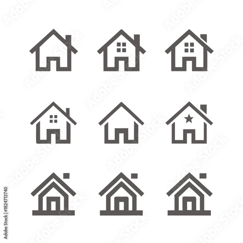 Hand drawn silhouette house with chimney, bushes, square windows, and paneled door