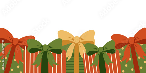 Christmas gift border with festive present boxes decorated with red, green and gold bows on a white background, suitable for holiday cards, headers, invitations, packaging and seasonal designs.
