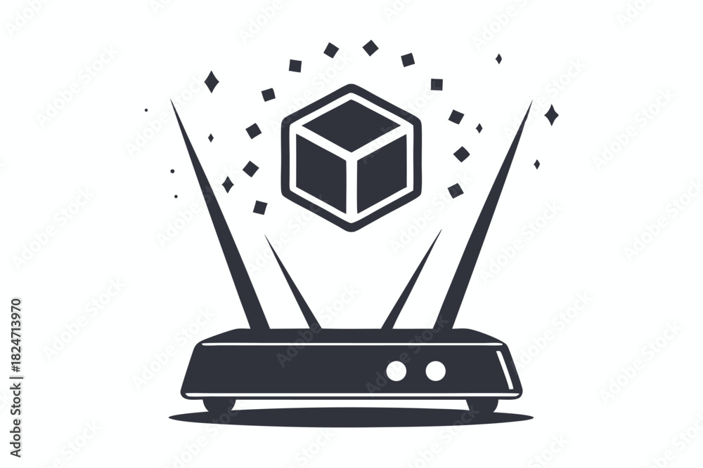Fototapeta premium A futuristic black and white sketch depicts an abstract hologram projector on a simple background