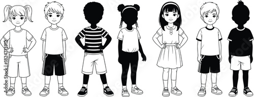 Group of diverse children standing together, cute cartoon kids illustration, multicultural youth characters, educational design elements for creative teaching projects