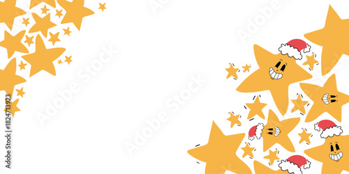 Christmas card with a playful star border, featuring smiling yellow stars in Santa hats placed around the edges on a white background, suitable for festive greeting cards and cheerful holiday designs.