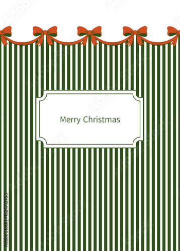 Christmas card with green vertical stripes, upper decorative bow border and central white label for greeting text, suitable for festive stationery, printable holiday cards and seasonal layouts.
