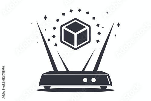 A futuristic black and white sketch depicts an abstract hologram projector on a simple background