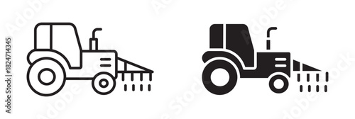 Agricultural tractor sprayer icon set in outline and silhouette style, representing farming, crop spraying, and agricultural machinery, vector illustration.