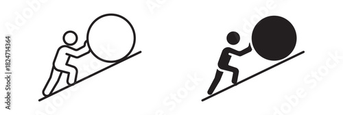 Man pushing a boulder uphill icon set in outline and silhouette style, representing struggle, persistence, hard work, and overcoming challenges, vector illustration.