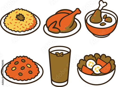 Indian Meal Icons Set with Biryani, Roast Chicken and Spicy Curries
