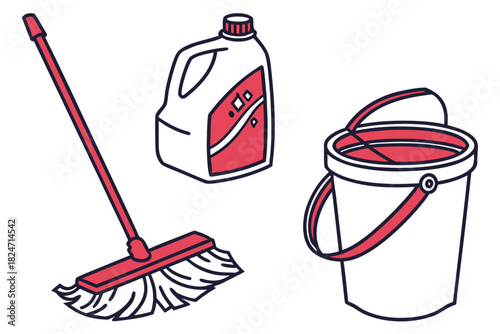 Cleaning Supplies and Buckets in Four Panels on White Background cleaning bottle