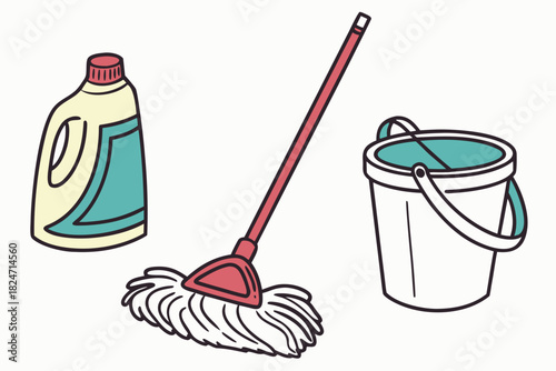 Cleaning Supplies Including Spray Bottle Mop Bucket and Detergent vector illustration