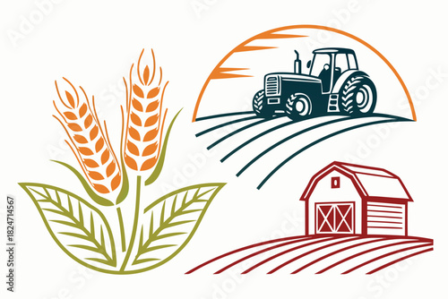 Farming Scene with Tractor Barn Wheat Fields and Silo in Red Blue and Gold agriculture